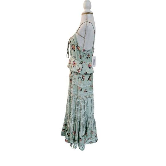 Hemant & Nandita Tiered Lace Mint Floral Boho Cottage Core Midi Dress Sz Small - Picture 3 of 10